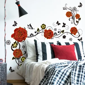 Elegant floral wall stickers with red roses and butterflies for bedroom decor
