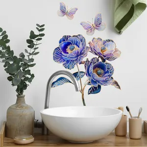Colorful floral and butterfly wall decals with gold foil finish for bathroom decor