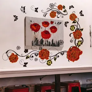 Floral wall decal set with red roses, gold outlines, black vines and butterflies for decor