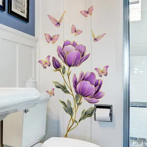 Stickers muraux fleurs violettes et papillons dorés pour décoration de salon maison