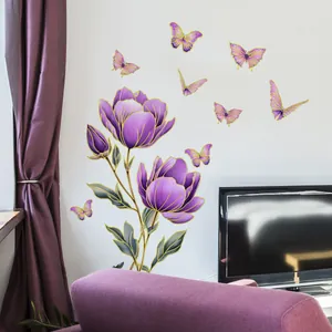 Élégant Autocollant Mural Fleurs Et Papillons Violets Avec Marquage À Chaud PVC Imperméable Décalcomanie Florale