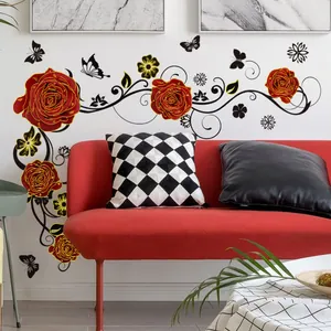 Floral wall decal with red roses, black vines and golden butterflies for home decor
