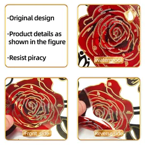 Macro detail of waterproof red rose wall sticker with elegant gold foil embossed edges