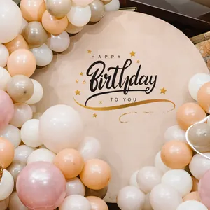 Neutral tones birthday party balloon arch kit with Happy Birthday To You round backdrop