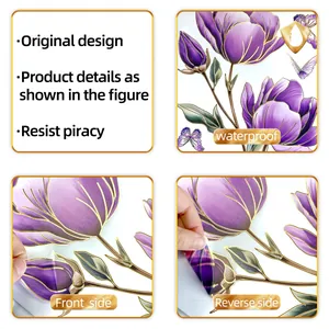 Détails de l'autocollant mural floral violet imperméable avec motifs de papillon dorés