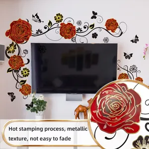 Detail of red rose wall decal showing luxury hot stamping gold texture and black vines