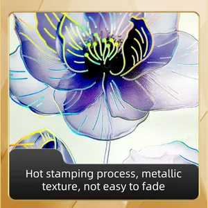 Detail of iris floral toilet sticker showing iridescent hot stamping process and texture