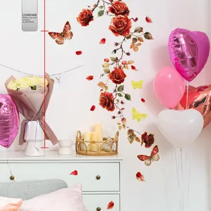 Bunte Wandaufkleber mit roten Rosen und Schmetterlingen für Wohnzimmer Wanddekoration