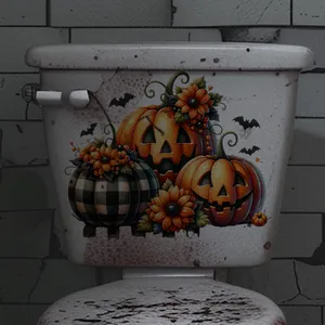 Αυτοκόλλητα τουαλέτας Halloween με ακουαρέλα κολοκύθες, ηλιοτρόπια και νυχτερίδες
