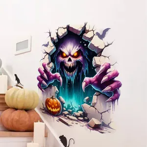 3D αυτοκόλλητο τοίχου Halloween με μοβ τέρας σκελετό που βγαίνει από σπασμένο τοίχο