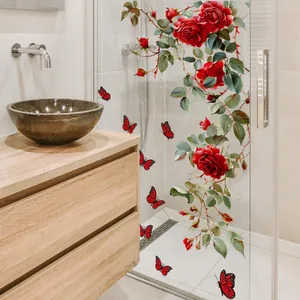 Red Rose Flower Butterfly Window Stickers Double Sided Visible Static Cling Glass Decals Self Adhesive Waterproof Home Decor For Living Room Bedroom Bathroom Shop Window
