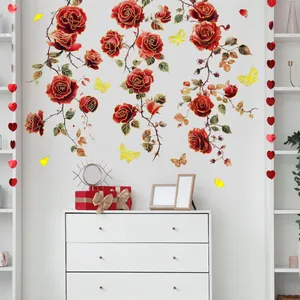 Rote Rose Schmetterling Wandaufkleber Mit Heißprägung 3D Blumen Decals Wasserdicht PVC Deko Für Wohnzimmer Schlafzimmer Tapete