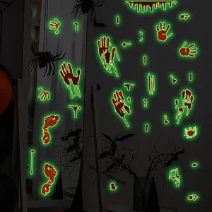 Halloween Luminous Luminous Wall Sticker Blood Handprint Footprint Fluorescent Wall Sticker PVC Horror Decal For Window Party Decor
