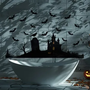 Αυτοκόλλητα τοίχου Halloween με κάστρο, νυχτερίδες και κολοκύθες πάνω από μια μοντέρνα μπανιέρα