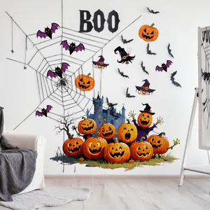 Αυτοκόλλητα τοίχου Halloween με κολοκύθες, νυχτερίδες και κάστρο για εορταστική διακόσμηση