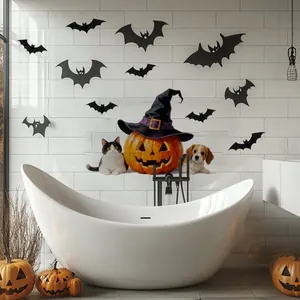 Αυτοκόλλητο τοίχου Halloween με κολοκύθα, σκύλο, γάτα και νυχτερίδες σε λευκά πλακάκια