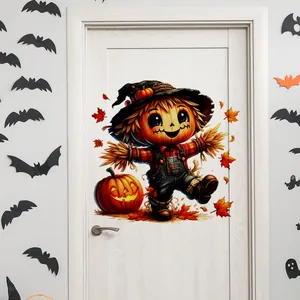 Αυτοκόλλητο τοίχου σκιάχτρο κολοκύθα Halloween σε λευκή πόρτα με διακόσμηση νυχτερίδας