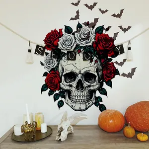 Γοτθικό αυτοκόλλητο τοίχου Halloween με λευκό κρανίο, κόκκινα τριαντάφυλλα και νυχτερίδες