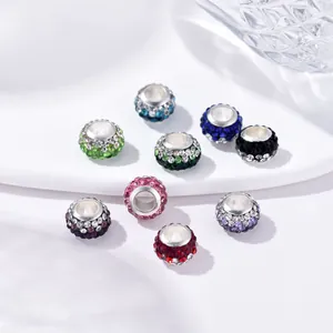 DIY Alloy Rhinestone Large Hole Beads Charms For Jewelry Making Colorful Crystal Pave Beads For Bracelets Women Fashion Accessories