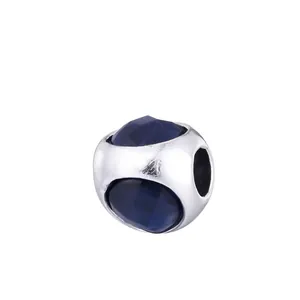 Silver alloy round charm with dark blue crystal stones for DIY bracelets and jewelry