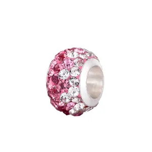 Pink and white crystal pavé round charm with silver metal core for DIY bracelets