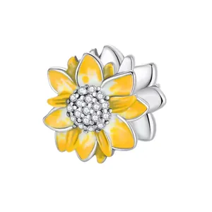Zilveren zonnebloembedel met geel emaille en fonkelende zirkoon voor doe-het-zelf armbanden