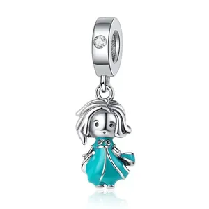 Detail of cartoon girl charm with blue enamel dress and zircon stone for DIY bracelets
