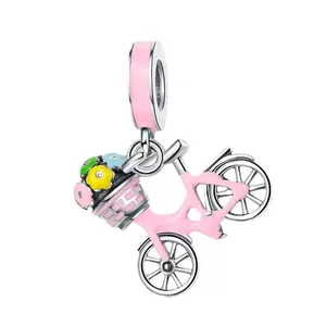 Pink enamel bicycle charm pendant with colorful floral basket in 925 silver finish