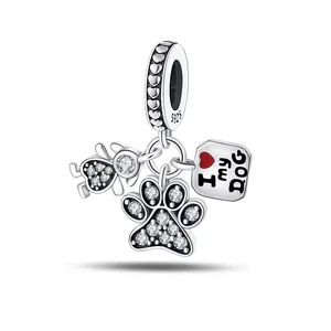 S925 sterling silver charm pendant with girl, sparkling dog paw, and I Love My Dog plate