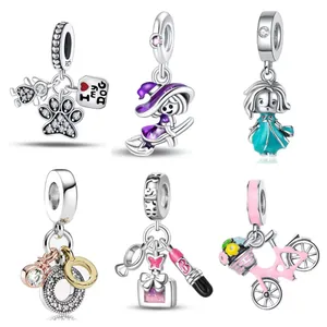 S925 Sterling Silver Alloy Enamel Witch Bicycle Charms Zirconia Dangle Pendants For DIY Bracelet Jewelry Making Women Gift