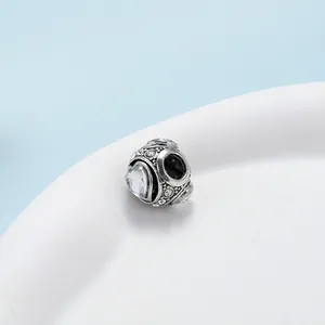 Silver retro heart charm bead with clear cubic zirconia for DIY bracelets