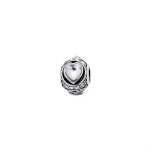 Silver vintage heart charm bead with sparkling central zircon and crystal accents