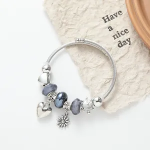 Silver Alloy Beaded Charm Bracelet Sunflower Heart Alarm Clock Pendant Purple Glazed Glass Beads Fashion Women Jewelry