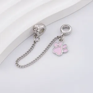 Sicherheitskette in Silber mit rosa Pfotenanhänger und Kristallen für Perlenarmbänder