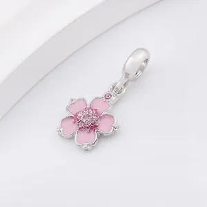 Silver cherry blossom charm with pink enamel petals and sparkling zircon stones
