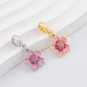 Alloy Sakura Flower Charm Enamel Pink Cherry Blossom Pendant For DIY Bracelet Necklace Jewelry Making With Rhinestone