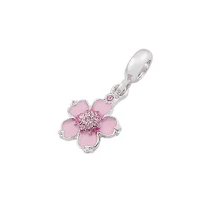 Pink sakura cherry blossom charm pendant in silver finish for DIY jewelry bracelets