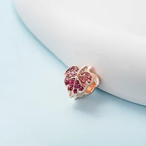 Rose gold leaf charm with gradient pink crystals for DIY charm bracelet jewelry