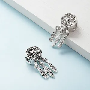 Silver retro dreamcatcher charms with feathers and S925 stamp for DIY bracelets