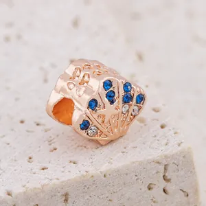 Rose gold starfish shell charm bead with blue crystals for DIY jewelry bracelets