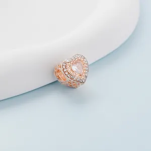 Sparkling rose gold heart charm bead with clear cubic zirconia for DIY jewelry