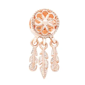 Rose gold dreamcatcher charm with three feather pendants and heart detail for DIY bracelets