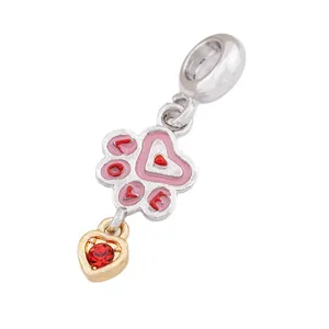 Charm empreinte de patte avec texte LOVE et pendentif cœur doré avec pierre gemme