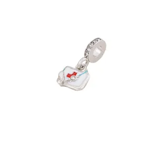 Nurse themed medical envelope charm with stethoscope and red cross in silver plating