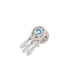 Silver dreamcatcher charm with blue heart stone and three feathers for DIY bracelets
