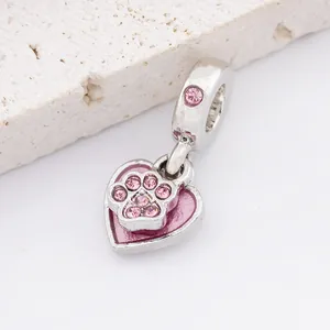Alloy Pink Enamel Heart Cat Paw Charm With Rhinestone For DIY Snake Chain Bracelet Necklace Jewelry Making Women Girls Gift