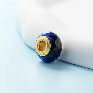 Faceted dark blue crystal bead with gold S925 silver core for DIY charm bracelets