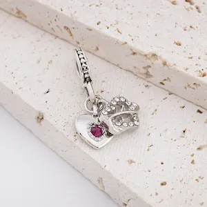 Alloy Double Heart Pendant Charm With Red Artificial Gemstone White Rhinestone For DIY Bracelet Necklace Women Jewelry Gift