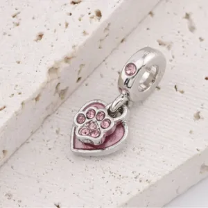 Silver cat paw charm with pink heart and sparkling crystals for DIY bracelets