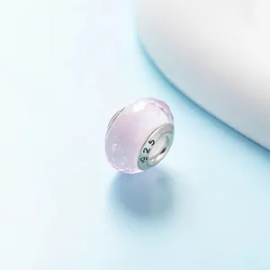 Pink faceted glass charm with S925 sterling silver core for DIY bracelet jewelry